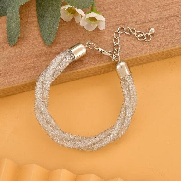 White Austrian Crystal Twisted Double Row Bracelet in Silvertone 8 Inches - Picture 2 of 2